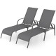 Two adjustable dark gray outdoor patio lounge chairs with breathable fabric and sturdy steel frames for poolside.