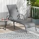 Dark gray outdoor patio lounge chair with adjustable reclining armrest, perfect for poolside or backyard relaxation.