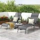 Two dark gray outdoor patio lounge chairs with adjustable armrests, perfect for relaxing on the balcony or poolside.