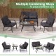 Two black patio metal chairs with soft cushions, perfect for backyard or poolside relaxation.