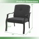 Patio metal chair dimensions showing 29" height, 26" width, and 30" depth with black cushions for outdoor comfort.