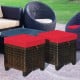Two-piece patio rattan ottoman set with removable red cushions, made of PE wicker and sturdy steel for outdoor use.