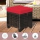 Rattan ottoman with red removable cushion, sturdy steel frame, perfect for outdoor seating or as a footrest.
