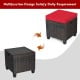 Rattan ottoman set with removable red cushions, sturdy steel frame, multifunctional for seating or as a coffee table.