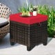 Rattan ottoman set with red removable cushions, featuring a sturdy steel frame, ideal for outdoor use and versatile.
