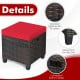 Brown hand-woven PE rattan ottoman with red removable cushion, featuring non-slip feet and built-in handle for outdoor.