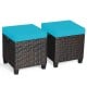 Two-piece patio rattan ottoman set with turquoise removable cushions, ideal for outdoor seating and versatile use.