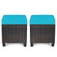 Turquoise cushion-top rattan ottomans with sturdy steel frame, perfect for outdoor seating or as a coffee table.