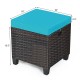 Turquoise cushioned rattan ottoman with sturdy steel frame, ideal for outdoor use as a seat or footrest.