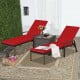 Red adjustable back lounge chairs with removable cushions and sturdy rattan, perfect for outdoor patio relaxation.