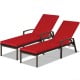 Two adjustable back lounge chairs with red removable cushions, sturdy steel frame, perfect for outdoor relaxation.