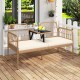 2-seat PE rattan outdoor loveseat with built-in coffee table and soft white cushions, perfect for patios and backyards.