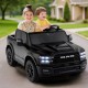 Black 2-seater licensed Ram truck ride-on toy for kids with remote control, LED lights, and music features.