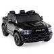Black 2-seater licensed Ram truck ride-on toy with remote control, LED lights, and spacious rear storage for kids.