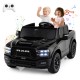 Black 2-seater licensed Ram truck ride-on toy with remote control, music, and LED lights for kids' outdoor fun.