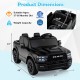 Black 2-seater 24V ride-on Ram truck for kids, featuring remote control, music, and safety belts for secure driving.