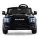 Black licensed Ram truck ride-on toy for big kids, featuring LED lights, remote control, and a spacious seat for two.