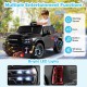 2-seater black Ram truck ride-on toy with LED lights, remote control, and built-in music for big kids' fun.