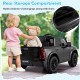 Rear storage compartment of the black 2-seater ride-on Ram truck, perfect for holding children's belongings.