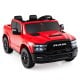 Red 2-seater licensed Ram truck ride-on toy with remote control, LED lights, and storage compartment for kids.