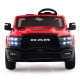 Red 2-seater licensed Ram truck ride-on toy with LED lights, remote control, and music for big kids' outdoor fun.