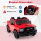 Red 2-seater 24V ride-on toy Ram truck with dimensions 48" x 24" x 18.5", suitable for kids aged 37-95 months.