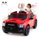 Red 2-seater licensed Ram truck ride-on toy for kids, featuring remote control, music, and LED lights for safe play.