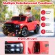 Red 2-seater licensed Ram truck ride-on toy with LED lights, remote control, and built-in music for kids' outdoor fun.