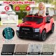 Red 2-seater licensed Ram truck ride-on toy with high-quality wheels, remote control, and LED lights for kids' fun.