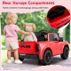 Red 2-seater ride-on Ram truck with rear storage compartment, perfect for kids' toys and belongings during playtime.