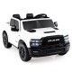 White 2-seater licensed Ram truck ride-on toy with remote control, LED lights, and safety features for big kids.