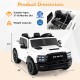 White 2-seater 24V ride-on Ram truck for kids, featuring remote control, LED lights, and safety belts for secure.