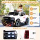 White 2-seater licensed Ram truck ride-on toy with LED lights, remote control, and built-in music for kids' fun.
