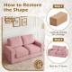 2-seater floor couch loveseat in pink with removable corduroy cover, showcasing restoration steps for shape recovery.