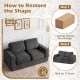 2-seater floor couch loveseat in black corduroy with removable cover, showing restoration steps for shape recovery.