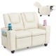 Beige 2-seater kids recliner sofa chair with adjustable backrest, 2 cup holders, and side pockets for toys and books.