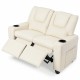 Beige 2-seater kids recliner sofa chair with adjustable backrest, retractable footrest, and 2 cup holders for comfort.