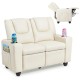 Beige 2-seater kids recliner sofa chair with adjustable backrest, cup holders, and side pockets for toys and books.
