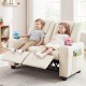 Beige 2-seater kids recliner sofa chair featuring two children enjoying the adjustable footrest and cup holders for.