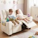 Beige 2-seater kids recliner sofa chair showcasing two toddlers reading comfortably with adjustable footrest and cup.