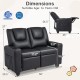 Black 2-seater kids recliner sofa chair with adjustable backrest, cup holders, and side pockets for toys and books.