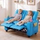 Blue 2-seater kids recliner sofa with adjustable backrest, cup holders, and spacious design for toddler relaxation.