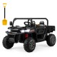 Black 2-seater kids ride-on dump truck with tiltable dump bed, shovel, and built-in music for outdoor fun.