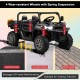 2-seater kids ride-on dump truck with wear-resistant wheels, spring suspension, and tiltable dump bed for outdoor fun.