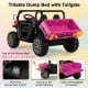 Kids ride-on dump truck in pink with tiltable dump bed, designed for two, perfect for outdoor play and toy storage.