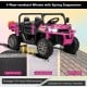 2-seater pink kids ride-on dump truck with wear-resistant wheels and spring suspension, suitable for various terrains.