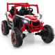Red 2-seater kids UTV with remote control, safety belts, and bright headlights for outdoor fun and secure riding.