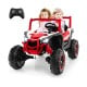Red 2-seater kids ride-on UTV with remote control, safety belts, and bright headlights for outdoor fun.