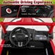 Interior view of the red 2-seater kids UTV showing steering wheel, MP3 player, and control panel for an immersive.
