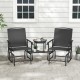Independent rocking chairs with contoured armrests and a lower shelf for essentials, perfect for outdoor relaxation.